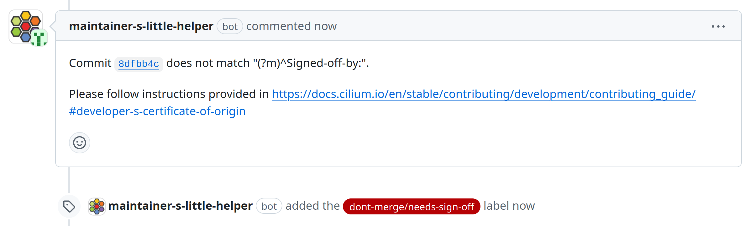 The Maintainer's Little Helper bot complains about a commit missing its signed-off-by.