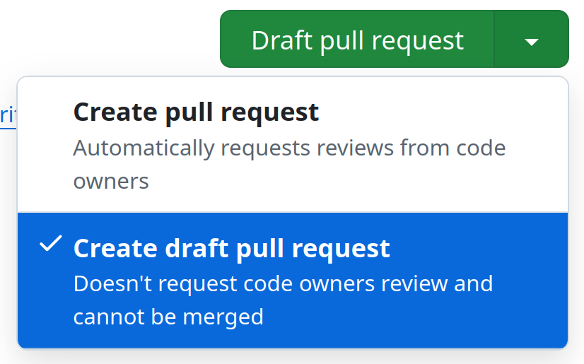 The button to open the pull request, either in draft mode or directly awaiting reviews.