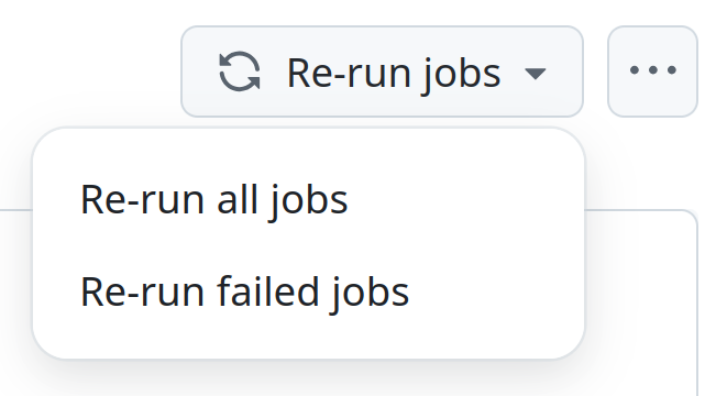 The two workflow rerun buttons available to committers, with one allowing us to rerun only jobs that are failing.